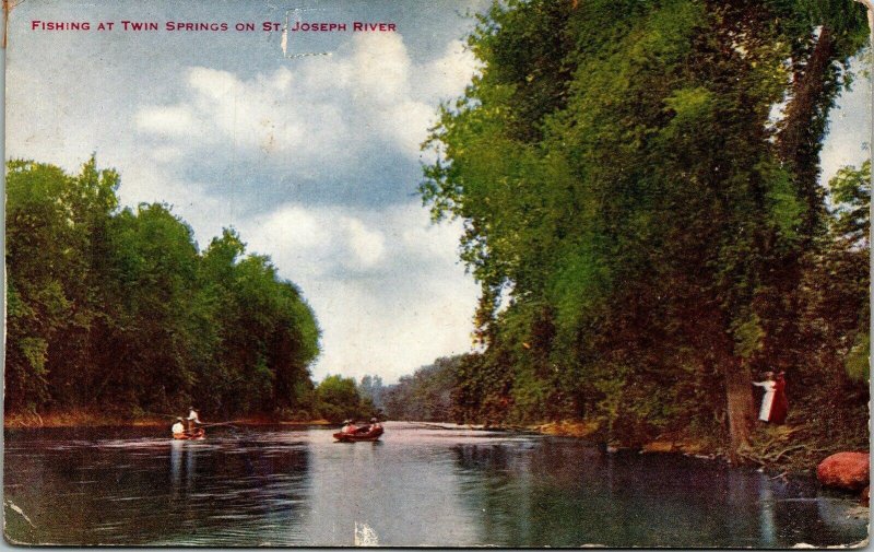 Fishing Twin Springs St Joseph River Antique Postcard DB UNP Unposted Unused 