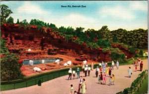 Vintage Linen Postcard Bear Pit Detroit Zoo 1950s JC30