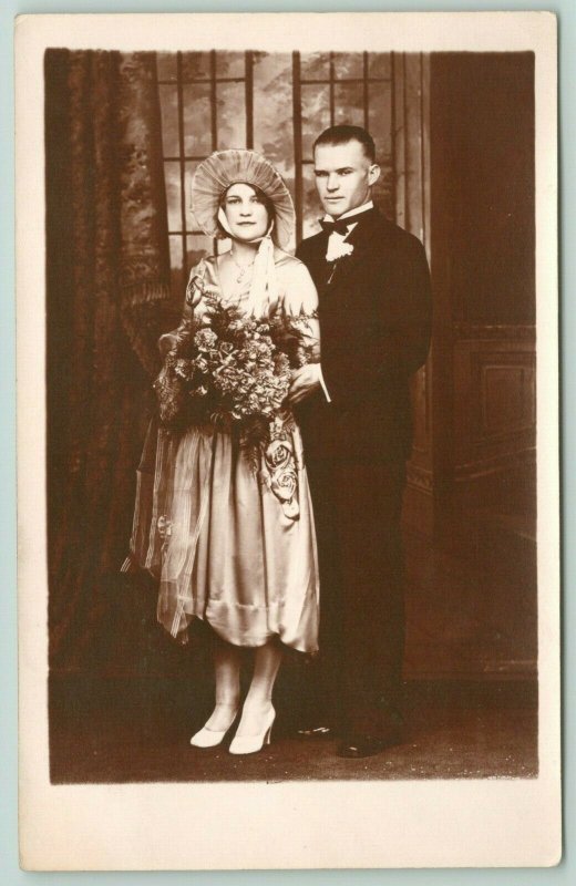 RPPC Formal Wear~Wedding?~Bouquet~Silk Rose Dress~Fan-Shaped Hat~Tuxedo~c1930 PC 