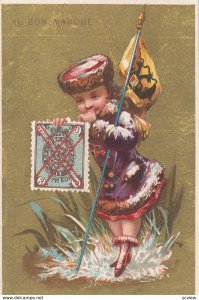 Trade Card (TC): Stamp & Girl carrying Flag , 1880-90s ; RUSSIA ; Version-2