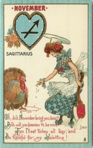 Tuck Zodiac Valentine Postcard 128 A/S Dwig November Sagittarius Girl & Turkey