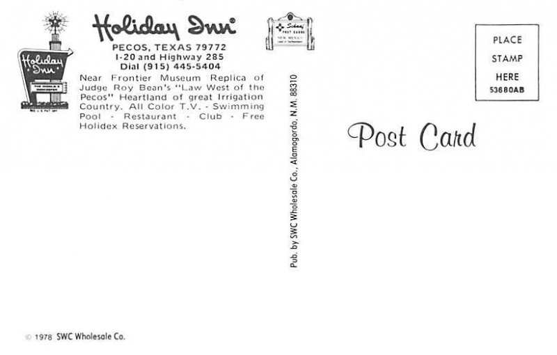 Holiday Inn Pecos, Texas, USA Postcard
