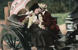 Vintage Postcard Romantic Couple Lovers Ride in Horse Drawn Carriage
