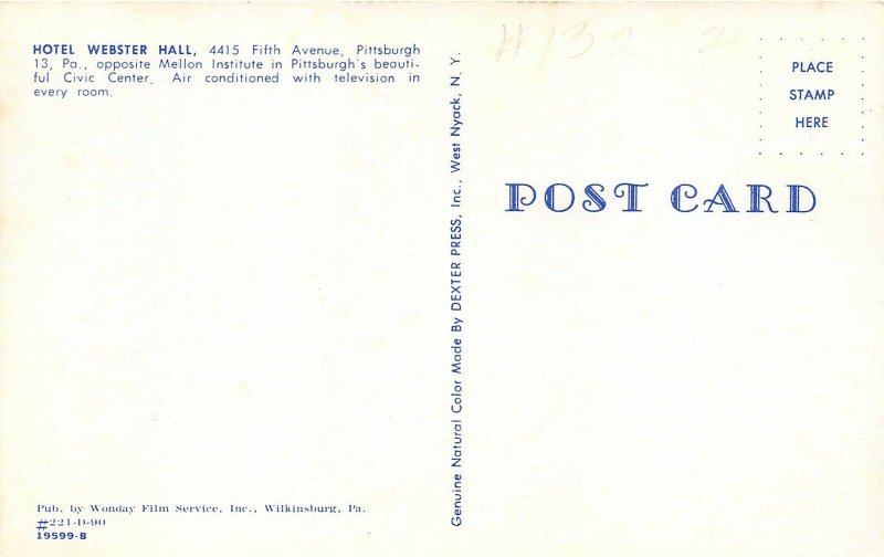 Pittsburgh Pennsylvania 1950s Postcard Hotel Webster Hall