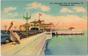 Recreation Pier St Petersburg Florida w Old Cars Linen Postcard