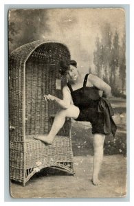 Vintage 1900's Photo Postcard Woman Smoking in Bathing Suit Wicker Chair - ODD