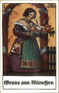 Gruss Aus Munchen - Art Deco Young Girl Serving Pig Max Luber c1910 Postcard