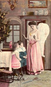 1910 CHRISTMAS ANGEL CHILDREN TREE GUN ON FLOOR GOLD EMBELLISHED*SAND PATCH PA