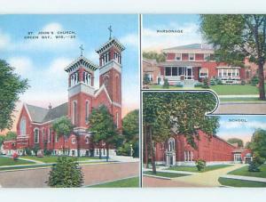 Unused Linen SCHOOL & PARSONAGE & CHURCH Green Bay Wisconsin WI A8115@
