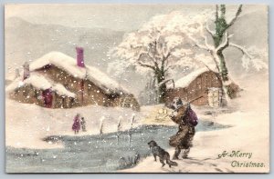 Christmas~Dog & Old Man @ River~Children & Home Other Side~1912 Artistic~Gabriel