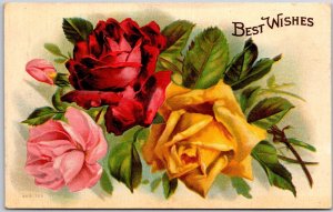 Best Wishes Large Print Colorful Roses Flowers Greetings, Vintage Postcard