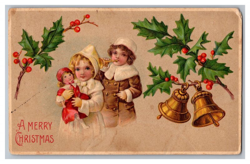 Postcard A Merry Christmas Children Holly Bells Embossed Card