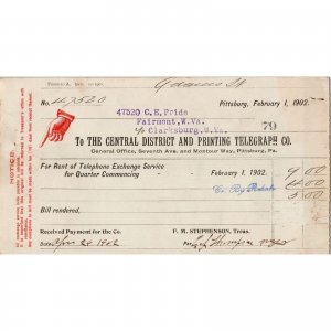 1902 Billhead - Telephone Bill - CENTRAL DISTRICT AND PRINTING TELEGRAPH CO #2