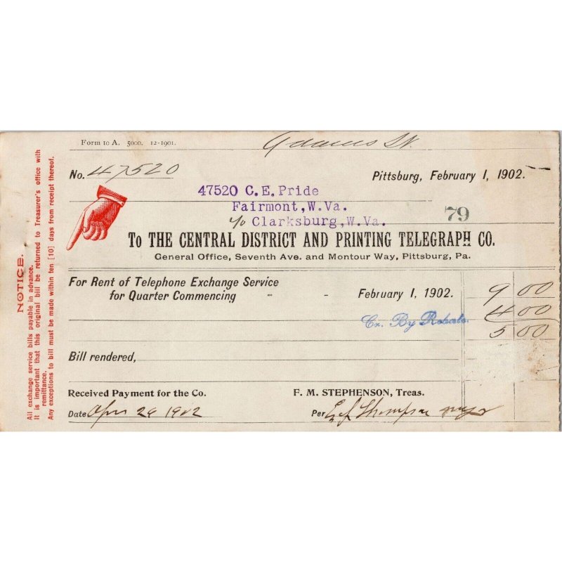 1902 Billhead - Telephone Bill - CENTRAL DISTRICT AND PRINTING TELEGRAPH CO #2