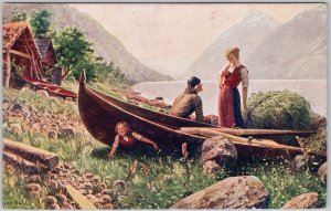 Scenic Lake & Boat Scene Man Woman Child Postcard by M.J. Dahl H76