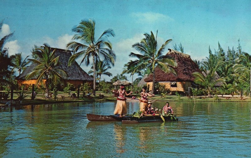 Vintage Postcard Tahitian Dancers Performing On Lagoon Polynesian Cultural Ctr. 