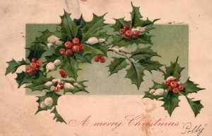 Vintage Postcard 1906 A Merry Christmas Holiday Greetings Holly Berries