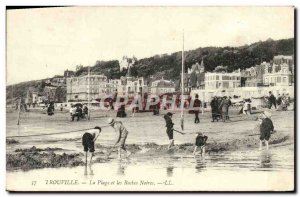 Old Postcard Trouville Beach and black rocks Children