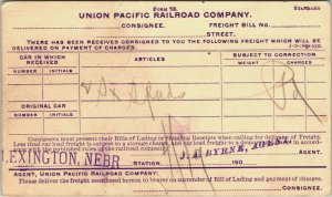 Union Pacific Railroad Company Postal Card Lexington Nebraska JJ Bryne Agent