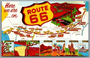 Postcard c1970s Here We Are On Route 66 Map View of States Attractions