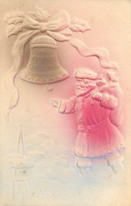 Airbrushed Embossed Christmas Postcard Santa Claus Rings Bell