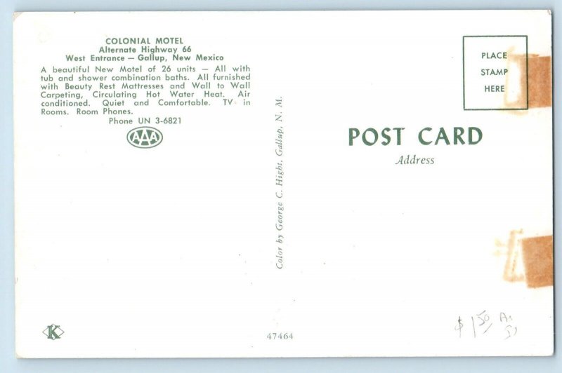 Gallup New Mexico NM Postcard Colonial Hotel Motel Exterior Scenery Route 66