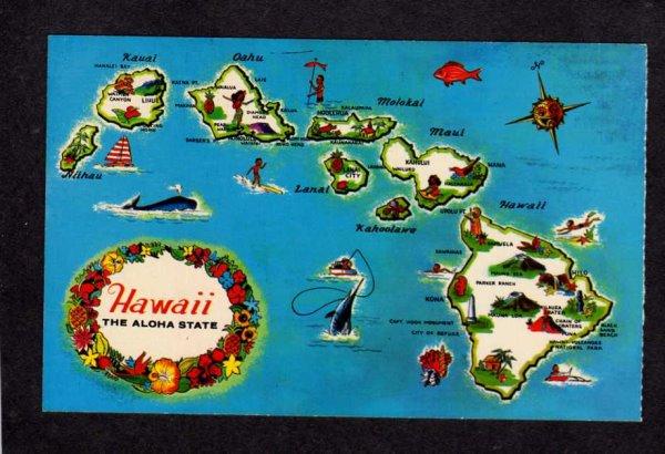 HI State Map of the Islands of Hawaii Postcard including Maui, Kauai, Molokai