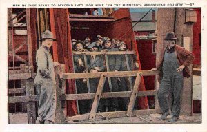 Men in Cage Descend Iron Ore Mine Mining Minnesota 1940s linen postcard