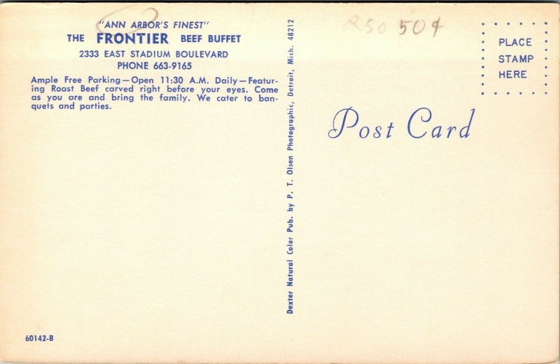 Vtg Ann Arbor Michigan MI Frontier Beef Buffet Restaurant 1960s Postcard