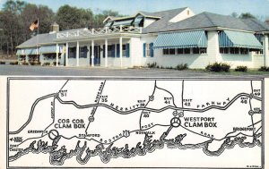 Cos Cob, Connecticut CLAM BOX Roadside Westport Map ca 1950s Vintage Postcard