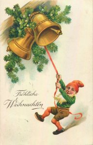 Dwarf pulling Christmas bells fantasy gnome greetings postcard 1936 Germany 