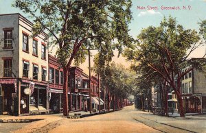 Greenwich New York Main Street, Businesses Color Lithograph Vintage PC U2393