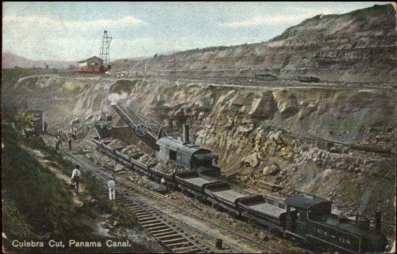 Panama Canal Zone Loading RR Train Cars Culebra Cut c1910 Postcard