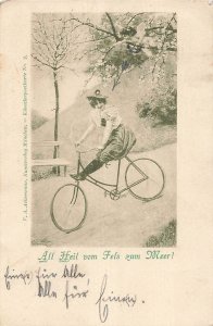 ALL HEIL vom FELS zum MER!-WOMAN BICYCLE-PANTALOONS-FAHRRAD-VELO~1897 POSTCARD