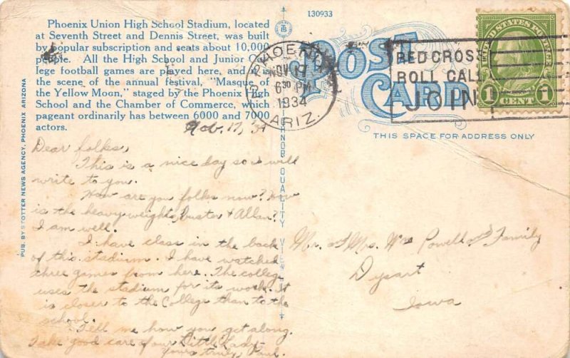 Phoenix Arizona Phoenix Union High School Stadium Vintage Postcard AA81919