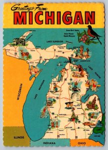Michigan State Map Showing Major Routes And Points Of Interest, 1986 Postcard