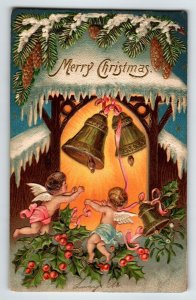 Christmas Postcard Cherubs Angels Embossed Bells Religious Pinecones Holly 1907