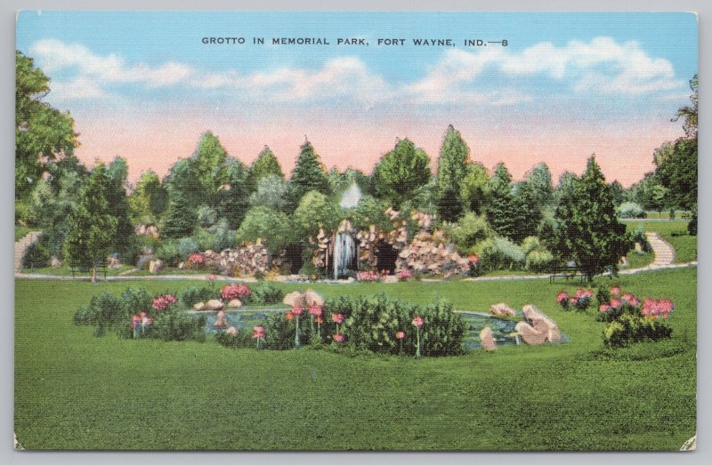 Fort Wayne Indiana~Memorial Park Grotto~Pond~Roses~Linen Vintage Postcard