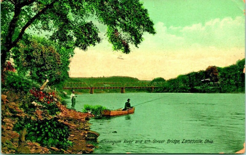 Muskingum River 8th Street Bridge Zanesville Ohio OH 1909 Vtg Postcard