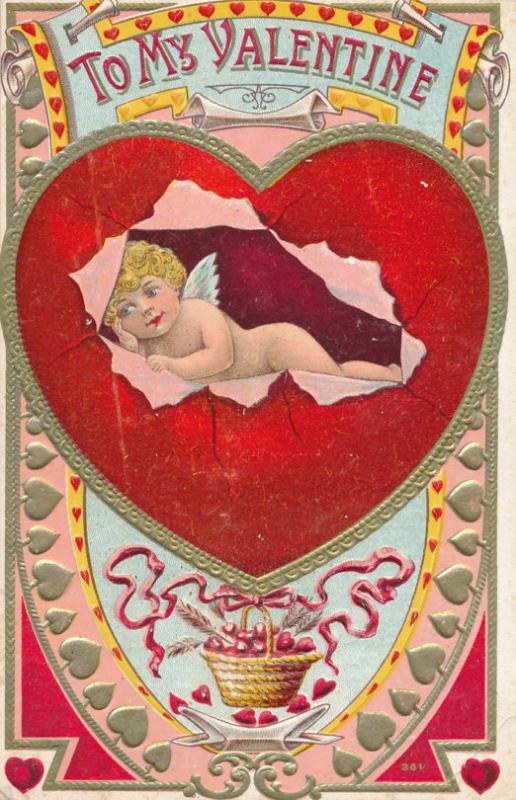 To My Valentine Greetings - Cupid breaking out of Heart - DB