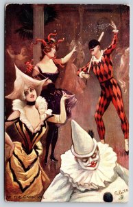At The Carnival~Harlequin Clown Throws Fairy Dust~Costume Party~Mask~Artist TUCK