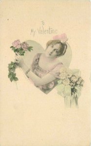 C-1910 Valentine Heart woman hand colored floral Postcard 22-5160