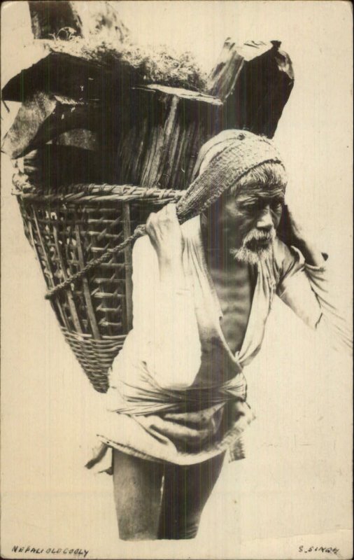 Ethnography Nepal Native Man Carrying Load of Wood c1910 Real Photo Postcard