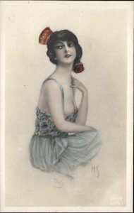 Beautiful Woman Low-Cut Dress Hat Tinted Real Photo Postcard of Art c1910