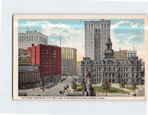 Postcard Soldiers Monument City Hall And Dime Bank Building Detroit Michigan USA