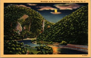 Vtg 1930s Moonlight on the Delaware Water Gap Pennsylvania PA Linen Postcard