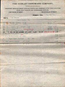 1914  Bridgeport  Connecticut  The Hawley Hardware Co.  Receipt  8 x 10