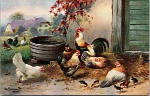 Vtg 1910 Rooster Hens Chicks Farm Scene Artist Alfred Schonian Munchen Postcard