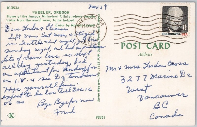 Wheeler Oregon Rhinehart Clinic Rinehart Street Scene Drugs Sign Postcard H63