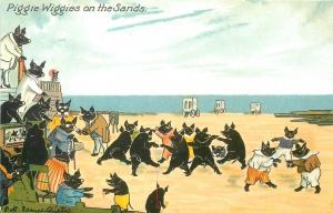 The Piggie Wiggies at play on the sands edwardian humour postcard pigs cochons